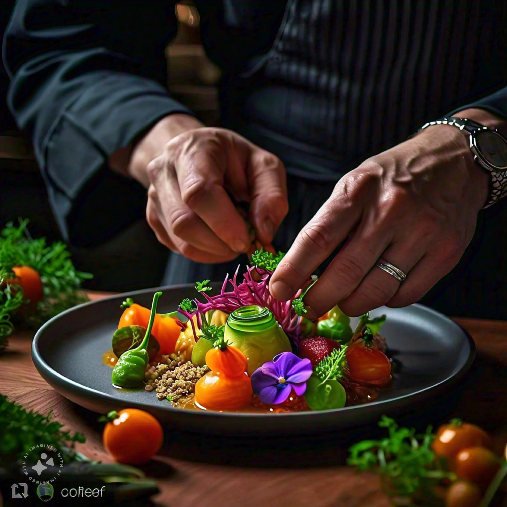 Instructor plating a composed dish in a studio kitchen